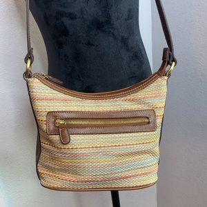 Amanda Smith woven multi color purse brown faux leather trim and strap